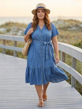 Terra & Sky Blue Chambray Shirt Dress 2X 20W-22W Ruffle Hem Cotton Lyocell